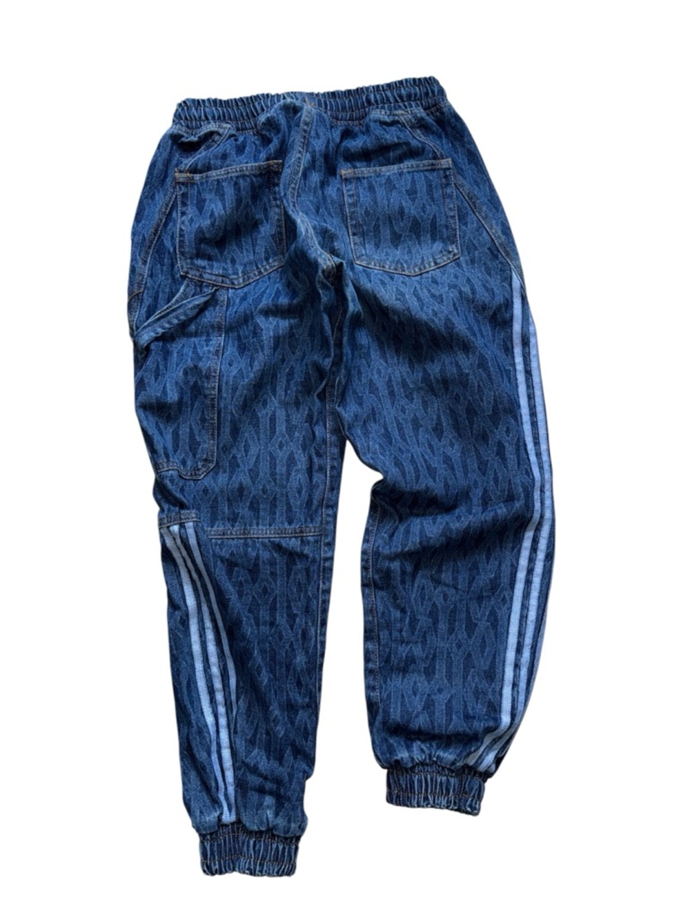adidas Ivy Park Blue Patterned Denim Track Pants with Side Stripes
